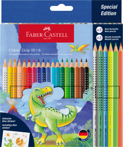 KREDKI GRIP 2001 EDYCJA DINOZAURY 18 KOLORÓW STANDARDOWYCH + 6 KOLORÓW METALICZNYCH + NAKLEJKI FABER-CASTELL
