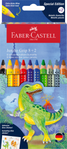 KREDKI JUMBO GRIP EDYCJA DINOZAURY 8 KOL. STANDARDOWYCH + 2 KOL. METALICZNE + NAKLEJKI FABER-CASTELL